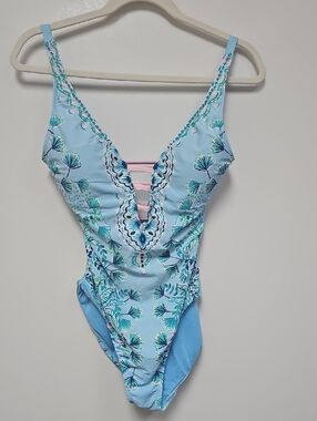 Lilly Pulitzer Light Blue Floral Lace-Detail One-Piece Swimsuit